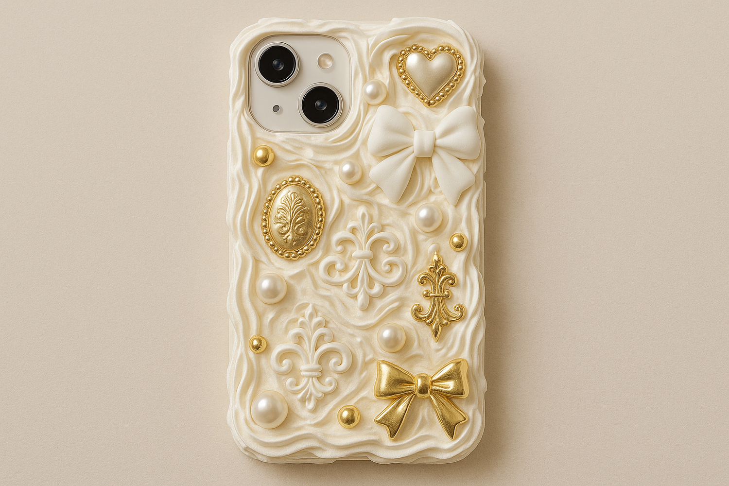 coque téléphone personnalisé avec de la colle crème chantilly et des charmes blanc et or 